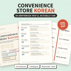 Puede incluir: Un documento educativo digital titulado Convenience Store Korean que presenta 30 frases para uso diario. Las páginas muestran frases en coreano con traducciones al inglés, guías de pronunciación y marcadores de cortesía, junto a una insignia roja de PDF.