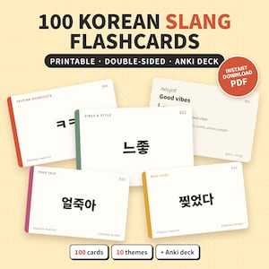 Könnte beinhalten: Ein Set aus 100 koreanischen Slang-Lernkarten mit weißen Karten, farbigen Rändern und schwarzem koreanischem Text. Die Karten zeigen Kategorien wie Texting Shortcuts, Vibes & Style, Food Talk und Reactions. Enthält ein rotes, rundes PDF-Abzeichen.