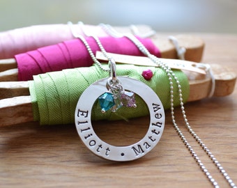 Hand Stamped chunky sterling silver washer family necklace UK