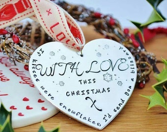 Personalised christmas tree heart ornament decoration hand stamped