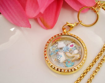 Mothers Day floating locket with crystals and charms chic vintage fashion UK