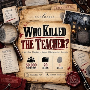 Puede incluir: Un juego de misterio titulado Who Killed The Teacher? con una lupa, una pluma estilográfica, un sello de cera rojo y varios documentos de caso. El juego incluye 50.000 sospechosos, 20 pistas y 1 asesino, disponible como archivo PDF imprimible.