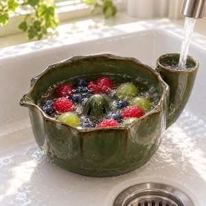 Hand-Painted Ceramic Swirl Berry Washing Bowl, Citrus Juicer, Kitchen Gift