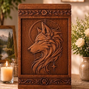 May include: A rectangular wooden urn featuring a detailed relief carving of a wolf head in profile. The design includes a circular frame, a four-pointed star, and decorative floral borders at the top and bottom, with a central paw print icon.