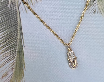 18k Gold Flip Flop Necklace with CZ Pave Charm – Beach Sandal Pendant