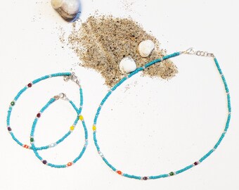 Turquoise seed bead choker-bracelet-anklet set-dainty beaded jewelry-minimalist jewelry-summer beach jewelry-beaded choker-dainty beads.