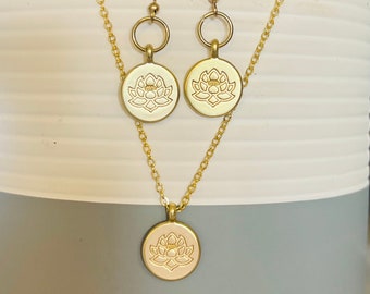 Gold coin pendent lotus flower earring set-gold lotus flower jewelry-Yoga mama jewelry-Minimalist jewelry gift-Gold coin necklace