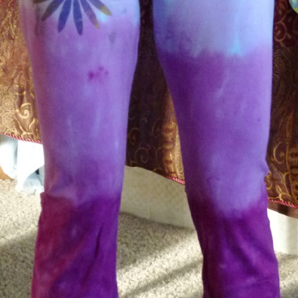 Blended pinks tie dye fold over waist straight leg capri YOGA pant with Big flower on front Hippie and Yoga clothes Small