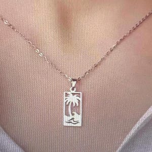Elegant Rectangular Palm Tree Necklace-Fun Summer necklace-birthday gift for her-beach vibe necklace-Ocean lover gift-Mother&#39;s Day gift