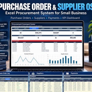 Op de afbeelding: Een laptopscherm toont een Procurement Command Center dashboard met gegevenstabellen, grafieken en financiële statistieken. De interface bevat tabbladen voor inkooporders, leveranciers en betalingen met tekstkoppen.