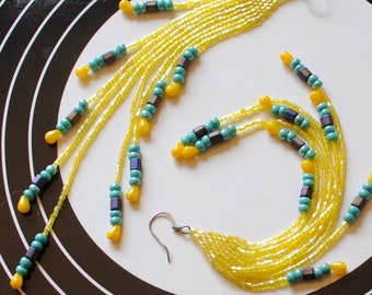 yellow and turquoise brick stitch earrings