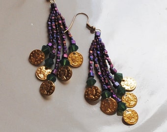 Purple and green brick stitch earrings (#105)