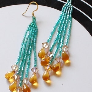 Turquoise and topaz brick stitch earrings #205
