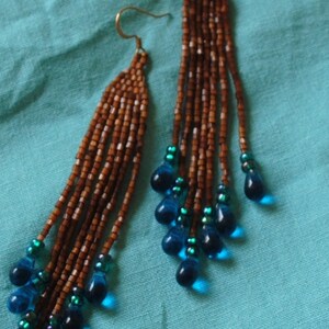 Brown and turquoise brick stitch earring #205*