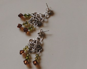 Topaz and olivine chain maille earrings #204