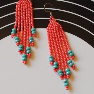 orange and turquoise brick stitch earrings #205