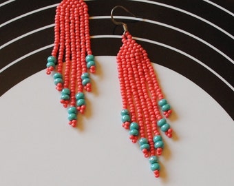 orange and turquoise brick stitch earrings #205