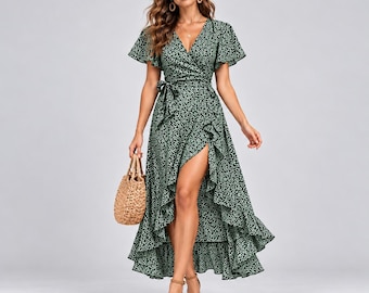 Vestido longo floral feminino estilo boho para praia no verão, vestido de chiffon com decote em V e babados, vestido de festa de férias com fenda assimétrica