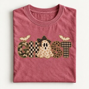 Comfort Colors Ghost Faux Patch Shirt, Cute Halloween Ghost Tee, Leopard Camo Letter T Shirt, Coquette Bow Ghost Tee, Spooky Season Gift