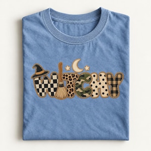 Comfort Colors Witchy Faux Patch Shirt, Cute Halloween Witch Tee, Leopard Camo Letter T Shirt, Witch Broom Hat Tee, Witchy Season Gift
