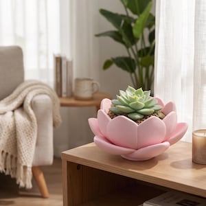 Puede incluir: Una maceta de cerámica de color rosa claro con forma de flor de loto en flor, que contiene una planta suculenta verde con hojas gruesas y superpuestas. La maceta tiene un acabado mate suave y pétalos redondeados.