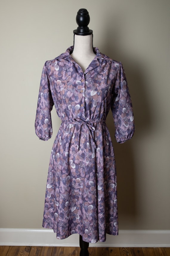 70's purple feather print dress | M