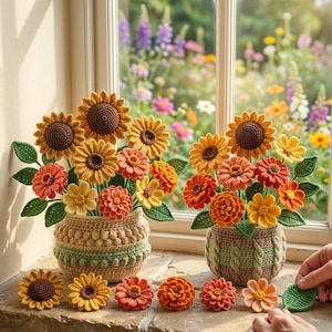 Peut inclure: Deux compositions florales au crochet dans des pots texturés reposent sur un rebord en pierre. Les bouquets comprennent des tournesols, des zinnias et des feuilles vertes. Des fleurs au crochet et une feuille verte sont alignées.