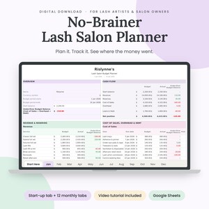 Puede incluir: Un planificador presupuestario digital para salones de pestañas en una pantalla de portátil. La interfaz incluye secciones de resumen, flujo de caja, ingresos, reservas y costes. El texto incluye No-Brainer Lash Salon Planner y Rislynne's.