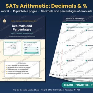 Repaso de aritmética para las pruebas SAT de 6.º curso / Decimales y porcentajes de cantidades / Métodos resueltos, práctica y miniexamen / PDF para KS2