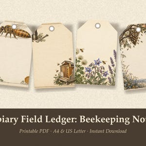 May include: Four rectangular paper tags with cream backgrounds and beekeeping illustrations. Designs include a honeybee, a beehive, wildflowers, and a landscape. Text at the bottom reads: Apiary Field Ledger: Beekeeping Notes.