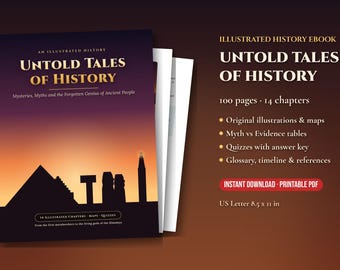 Może przedstawiać: Ilustrowany e-book historyczny zatytułowany Untold Tales of History, przedstawiający sylwetkę starożytnych zabytków o zachodzie słońca. 100-stronicowy plik PDF do druku zawiera 14 rozdziałów, mapy, tabele, quizy i słowniczek, o wymiarach 21,59 x 27,94 cm.