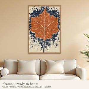 Estampe encadrée de feuille de vigne, style linogravure, couleur terre cuite, affiche botanique rouille et marine, cadre en bois prêt à accrocher