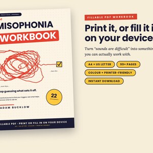 Puede incluir: Un libro de ejercicios digital titulado The Misophonia Workbook de Adam Bucklow, con un gr&aacute;fico de l&iacute;neas rojas enredadas y una casilla de verificaci&oacute;n amarilla. La portada incluye texto sobre 22 experimentos, y el panel lateral enumera caracter&iacute;sticas como tama&ntilde;os A4 y carta de EE. UU., 99 p&aacute;ginas y opciones de descarga instant&aacute;nea para imprimir o usar digitalmente.