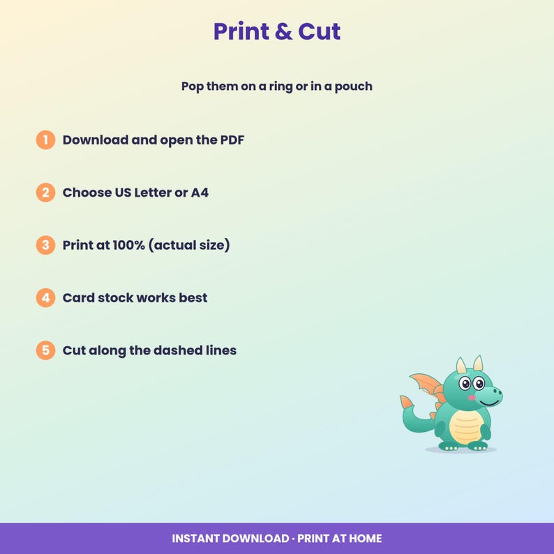 May include: An instructional graphic titled Print & Cut with a cartoon dragon. It lists five steps: 1. Download and open the PDF, 2. Choose US Letter or A4, 3. Print at 100% (actual size), 4. Card stock works best, 5. Cut along the dashed lines.