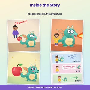 May include: A 32-page children's book titled Inside the Story featuring illustrations of a green dragon and a child. The pages show the dragon eating an apple, breathing fire, and a guide with steps labeled 1. Breathe, 2. Tell, and 3. Move.