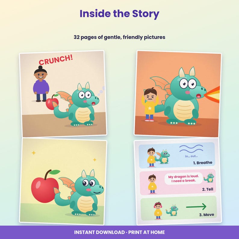 May include: A 32-page children's book titled Inside the Story featuring illustrations of a green dragon and a child. The pages show the dragon eating an apple, breathing fire, and a guide with steps labeled 1. Breathe, 2. Tell, and 3. Move.