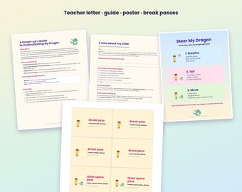 Puede incluir: Un paquete escolar sobre misofonía que incluye una carta para el profesor, una guía, un póster y pases de descanso. Los documentos contienen una guía para adultos, una nota sobre el niño, un póster Steer My Dragon y pases imprimibles.