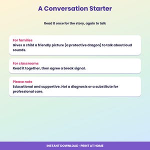May include: A digital information card titled A Conversation Starter with the subtitle Read it once for the story, again to talk. It includes sections for families, classrooms, and a note stating it is educational and not a diagnosis.