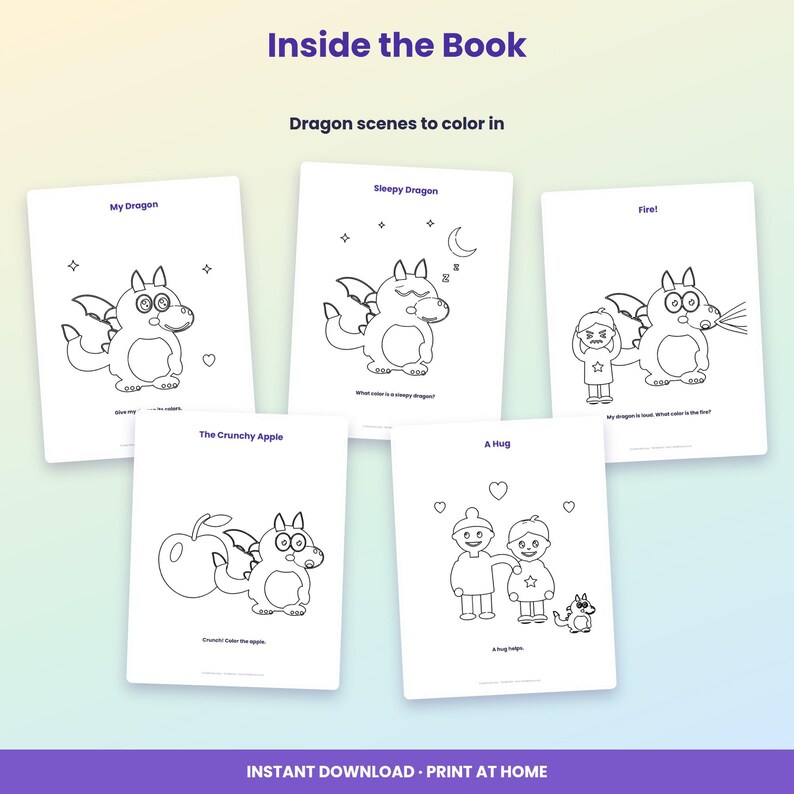 May include: Five white coloring pages featuring black line art of dragons and children. Titles include My Dragon, Sleepy Dragon, Fire!, The Crunchy Apple, and A Hug. Each page contains simple illustrations and text prompts for coloring activities.