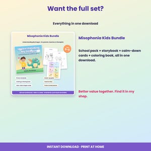 May include: A digital Misophonia Kids Bundle featuring the book Understanding My Dragon, a coloring book, calm-down cards, a grown-up guide, a teacher letter, and break passes. The text includes Want the full set, Everything in one download, and ages 5-9.