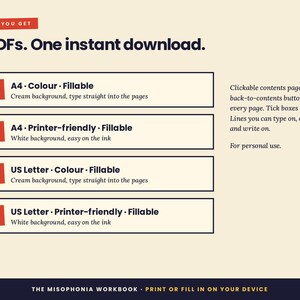 Puede incluir: Un listado de producto digital para The Misophonia Workbook, que incluye 4 archivos PDF para descarga instant&aacute;nea. Las opciones incluyen tama&ntilde;os A4 y US Letter en color con fondo crema o versiones aptas para impresora con fondo blanco, todos rellenables.