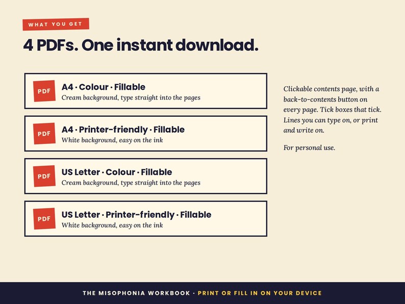 Puede incluir: Un listado de producto digital para The Misophonia Workbook, que incluye 4 archivos PDF para descarga instant&aacute;nea. Las opciones incluyen tama&ntilde;os A4 y US Letter en color con fondo crema o versiones aptas para impresora con fondo blanco, todos rellenables.