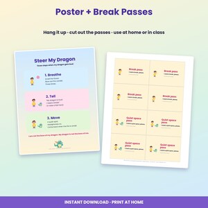 May include: A printable educational poster titled Steer My Dragon with three steps for emotional regulation, alongside a sheet of eight cut-out cards labeled Break pass and Quiet space pass, featuring illustrations of a child and a small dragon.