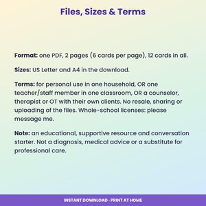 May include: A digital document titled Files, Sizes & Terms. It specifies a PDF format with 2 pages, 12 cards total, and US Letter or A4 sizes. It outlines personal use terms for households, teachers, or therapists and includes a medical disclaimer.