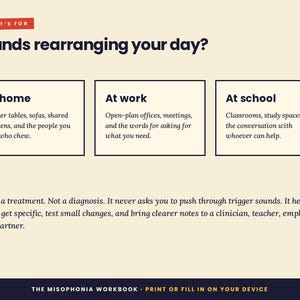 Puede incluir: Un gr&aacute;fico informativo titulado Sounds rearranging your day? con un encabezado rojo Who it's for. Enumera tres categor&iacute;as: At home, At work y At school con texto descriptivo. Incluye un descargo de responsabilidad y el t&iacute;tulo The Misophonia Workbook.