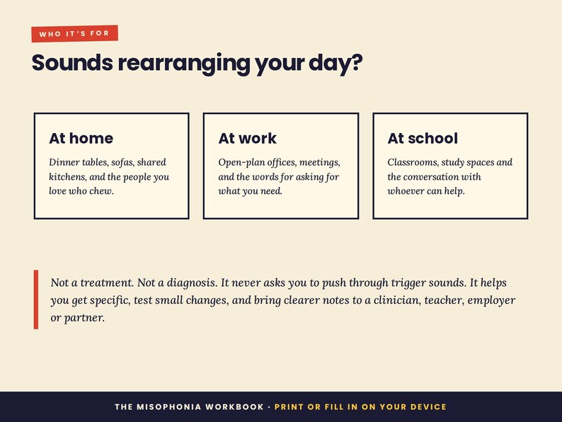 Puede incluir: Un gr&aacute;fico informativo titulado Sounds rearranging your day? con un encabezado rojo Who it's for. Enumera tres categor&iacute;as: At home, At work y At school con texto descriptivo. Incluye un descargo de responsabilidad y el t&iacute;tulo The Misophonia Workbook.