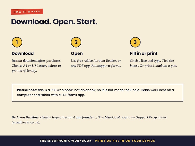 Puede incluir: Un gr&aacute;fico de instrucciones para un libro de trabajo en PDF titulado How it Works: Download. Open. Start. Describe tres pasos: 1. Descargar, 2. Abrir con Adobe Acrobat Reader y 3. Rellenar o imprimir. Incluye una nota sobre la compatibilidad del PDF.
