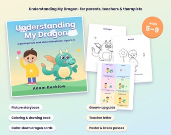 Puede incluir: Un paquete Misophonia Kids Bundle que incluye el libro ilustrado Understanding My Dragon, páginas para colorear y tarjetas de calma. La portada muestra a un niño y un dragón verde. Incluye guía para adultos, carta para maestros y carteles.