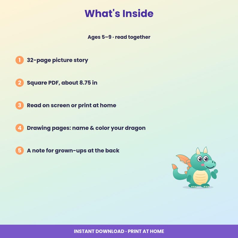 May include: A digital product information sheet titled What's Inside, listing features for ages 5-9: a 32-page picture story, a square 8.75 inch PDF, print-at-home options, drawing pages to name and color a dragon, and a note for grown-ups.