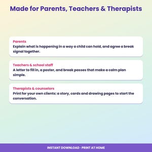 May include: A digital informational graphic with a gradient background featuring the text Made for Parents, Teachers & Therapists. It lists three sections: Parents, Teachers & school staff, and Therapists & counselors with descriptions for each, plus Instant Download - Print at Home at the bottom.